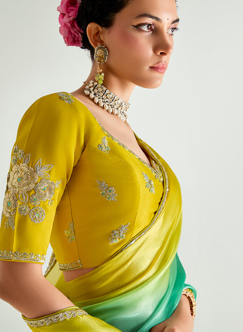 Monjolika Fashion Organza Tissue Yellow And Sea Green Sequins Embroidery Handwork Engagement Wear Saree