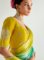 Monjolika Fashion Organza Tissue Yellow And Sea Green Sequins Embroidery Handwork Engagement Wear Saree