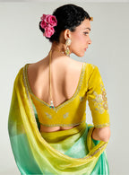 Monjolika Fashion Organza Tissue Yellow And Sea Green Sequins Embroidery Handwork Engagement Wear Saree