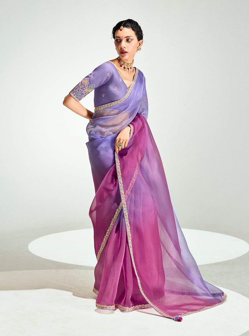 Monjolika Fashion Lavender And Magenta Organza Tissue Sequins Embroidery Handwork Wedding Wear Saree