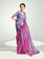 Monjolika Fashion Lavender And Magenta Organza Tissue Sequins Embroidery Handwork Wedding Wear Saree
