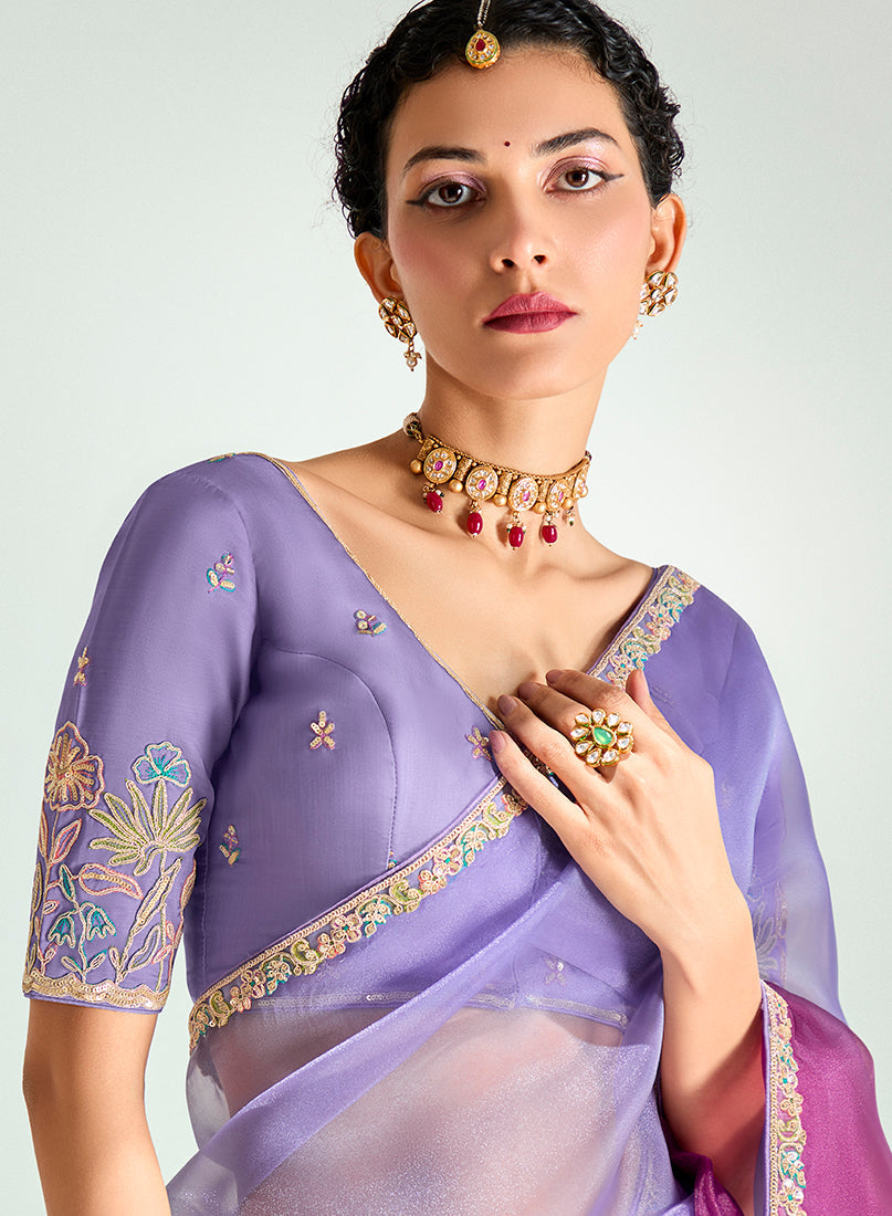 Monjolika Fashion Lavender And Magenta Organza Tissue Sequins Embroidery Handwork Wedding Wear Saree