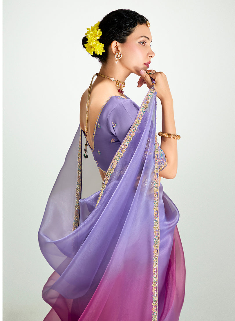 Monjolika Fashion Lavender And Magenta Organza Tissue Sequins Embroidery Handwork Wedding Wear Saree