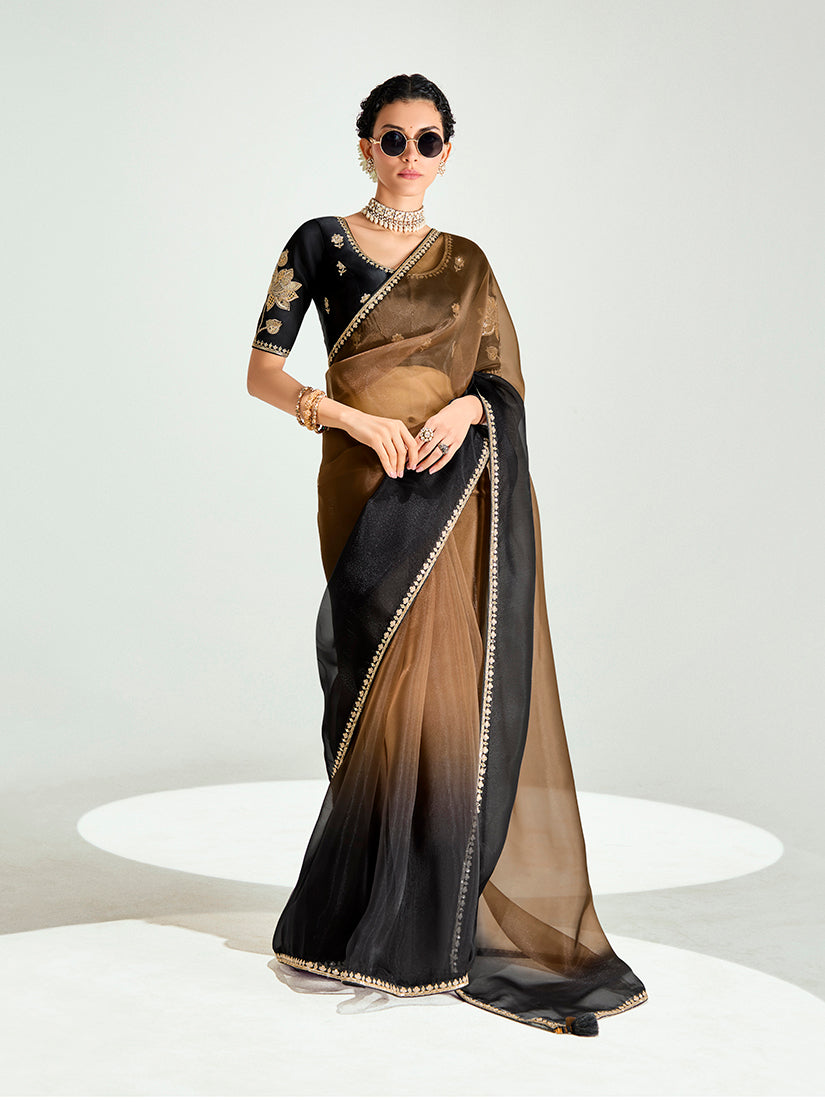 Monjolika Fashion Brown And Black Organza Tissue Sequins Embroidery Handwork Wedding Wear Saree