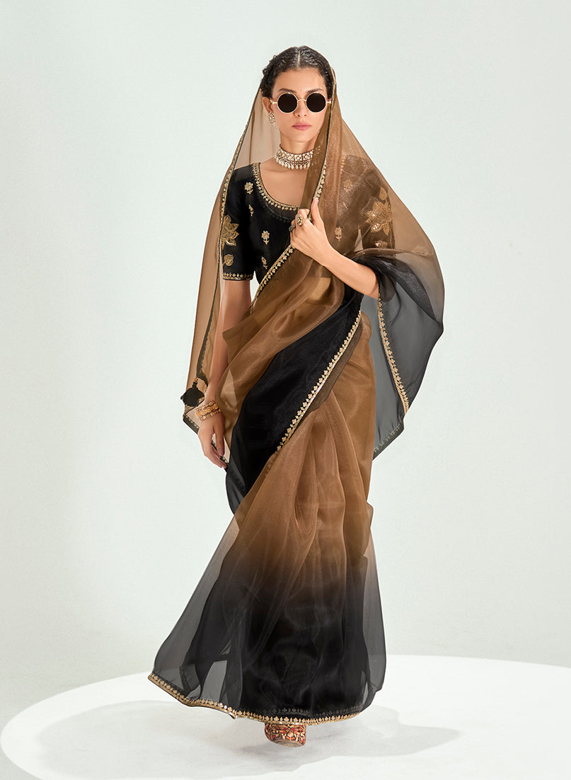 Monjolika Fashion Brown And Black Organza Tissue Sequins Embroidery Handwork Wedding Wear Saree