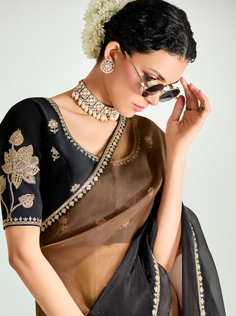 Monjolika Fashion Brown And Black Organza Tissue Sequins Embroidery Handwork Wedding Wear Saree
