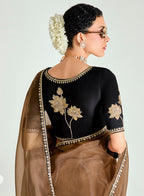 Monjolika Fashion Brown And Black Organza Tissue Sequins Embroidery Handwork Wedding Wear Saree