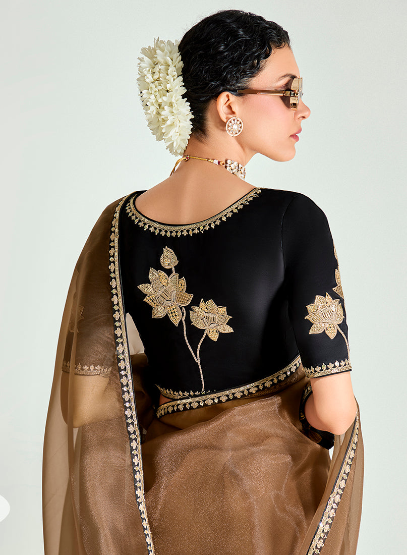 Monjolika Fashion Brown And Black Organza Tissue Sequins Embroidery Handwork Wedding Wear Saree