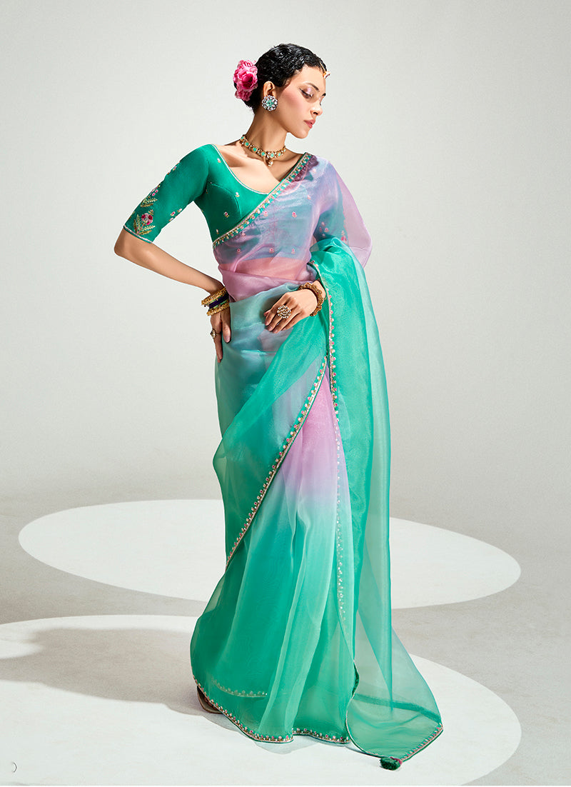 Monjolika Fashion Turquoise And Pink Organza Tissue Sequins Embroidery Handwork Wedding Wear Saree
