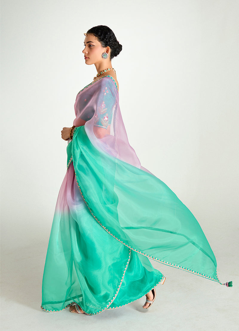 Monjolika Fashion Turquoise And Pink Organza Tissue Sequins Embroidery Handwork Wedding Wear Saree