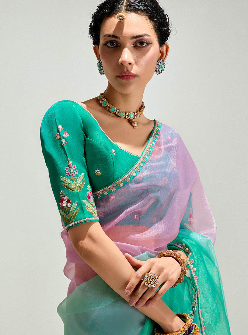 Monjolika Fashion Turquoise And Pink Organza Tissue Sequins Embroidery Handwork Wedding Wear Saree