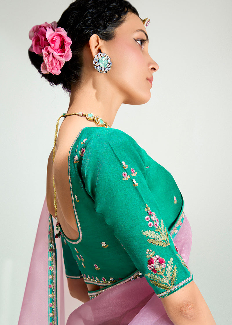 Monjolika Fashion Turquoise And Pink Organza Tissue Sequins Embroidery Handwork Wedding Wear Saree