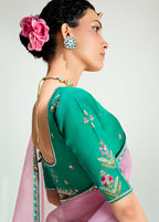Monjolika Fashion Turquoise And Pink Organza Tissue Sequins Embroidery Handwork Wedding Wear Saree