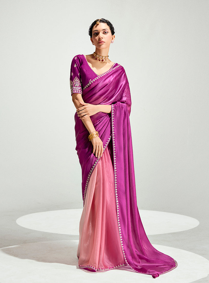Monjolika Fashion Magenta And Peach Organza Tissue Sequins Embroidery Handwork Wedding Wear Saree