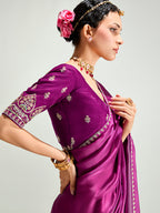 Monjolika Fashion Magenta And Peach Organza Tissue Sequins Embroidery Handwork Wedding Wear Saree