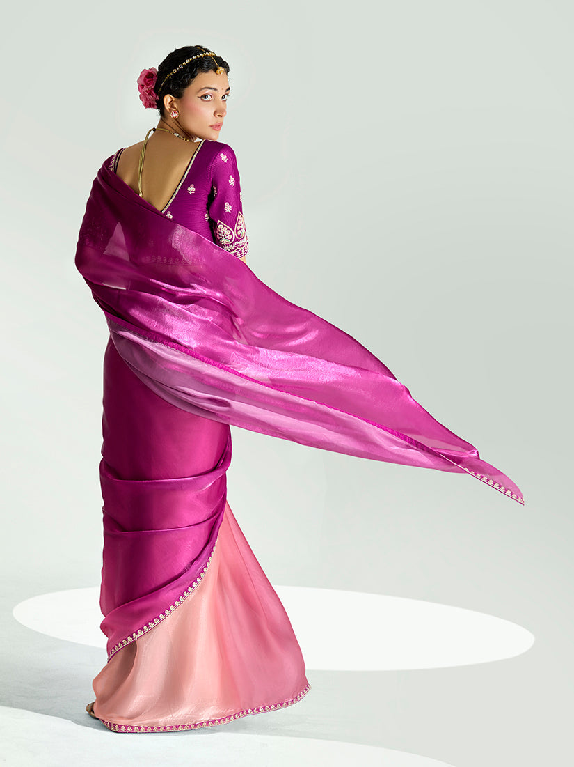 Monjolika Fashion Magenta And Peach Organza Tissue Sequins Embroidery Handwork Wedding Wear Saree