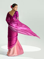 Monjolika Fashion Magenta And Peach Organza Tissue Sequins Embroidery Handwork Wedding Wear Saree