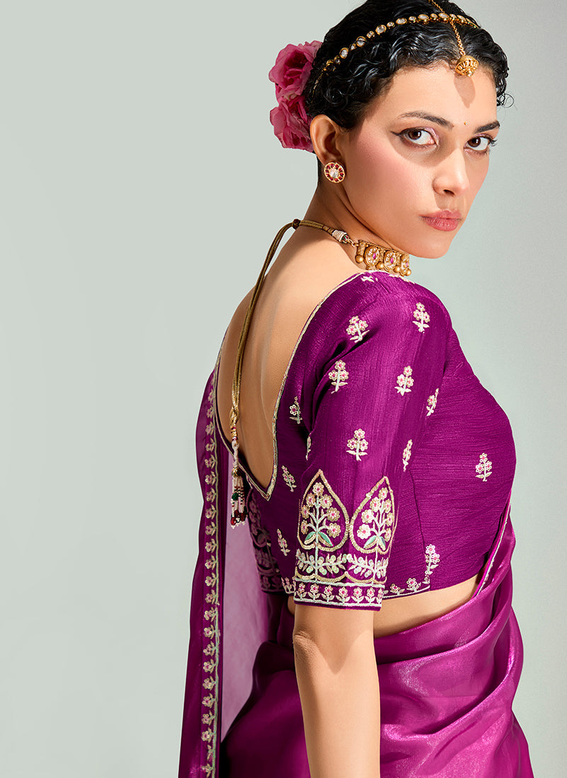 Monjolika Fashion Magenta And Peach Organza Tissue Sequins Embroidery Handwork Wedding Wear Saree