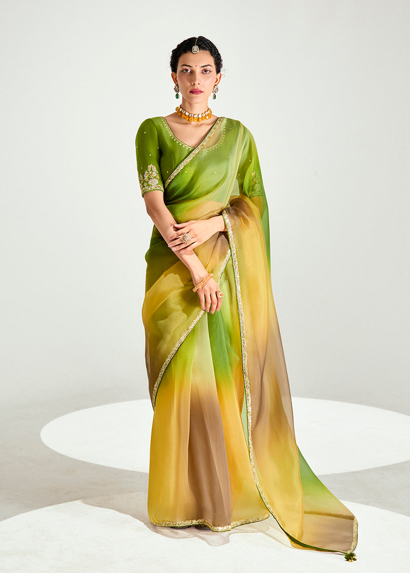 Monjolika Fashion Multi Colour Organza Tissue Sequins Embroidery Handwork Wedding Wear Saree