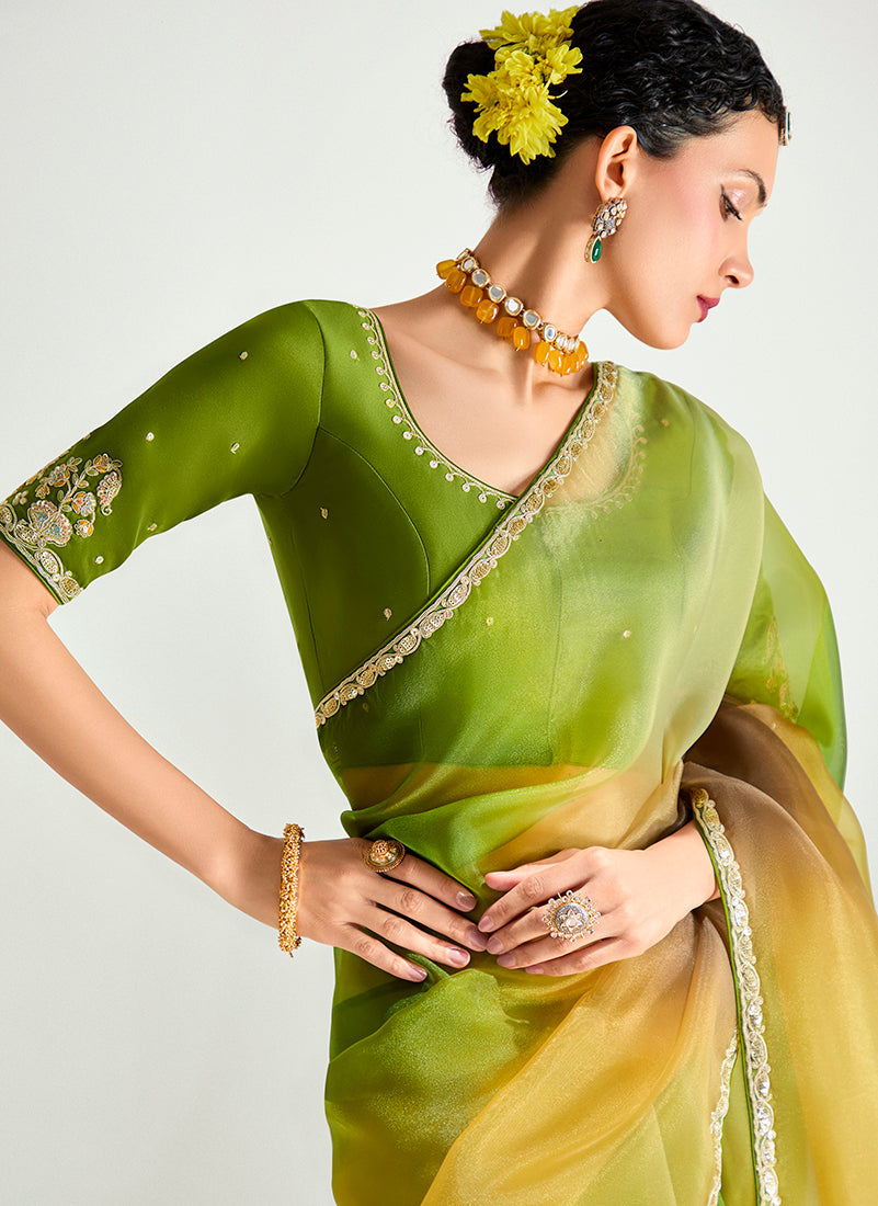 Monjolika Fashion Multi Colour Organza Tissue Sequins Embroidery Handwork Wedding Wear Saree