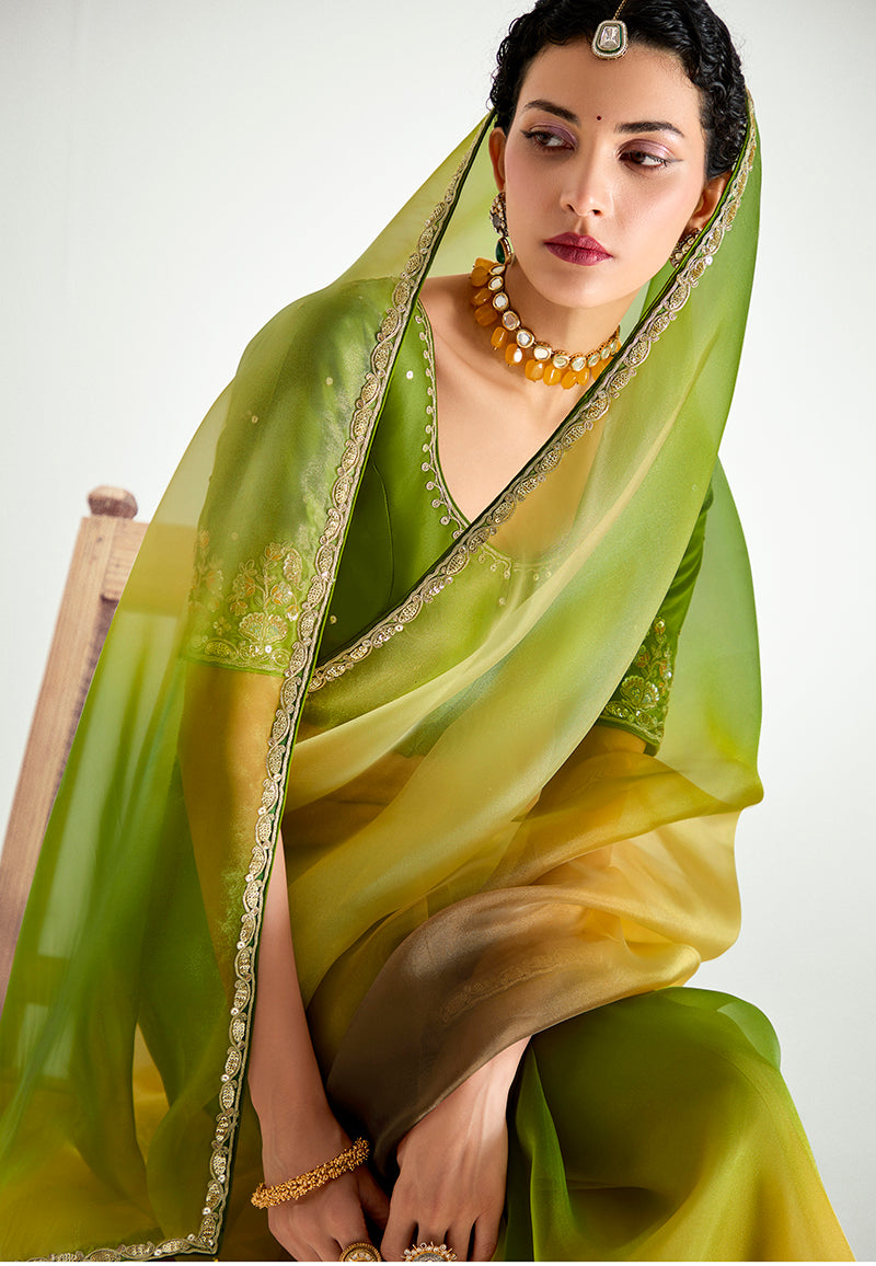 Monjolika Fashion Multi Colour Organza Tissue Sequins Embroidery Handwork Wedding Wear Saree