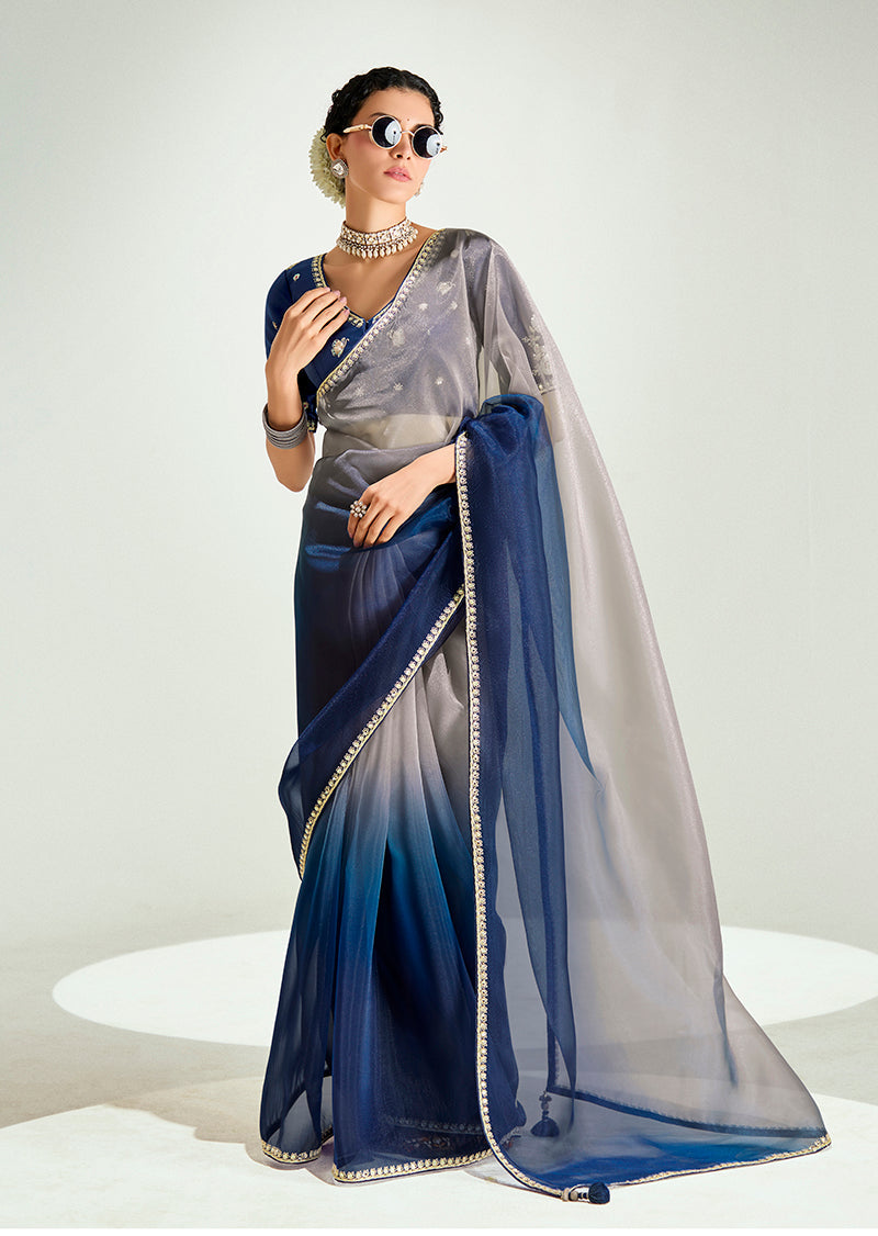 Monjolika Fashion Navy Blue And Beige Organza Tissue Sequins Embroidery Handwork Wedding Wear Saree