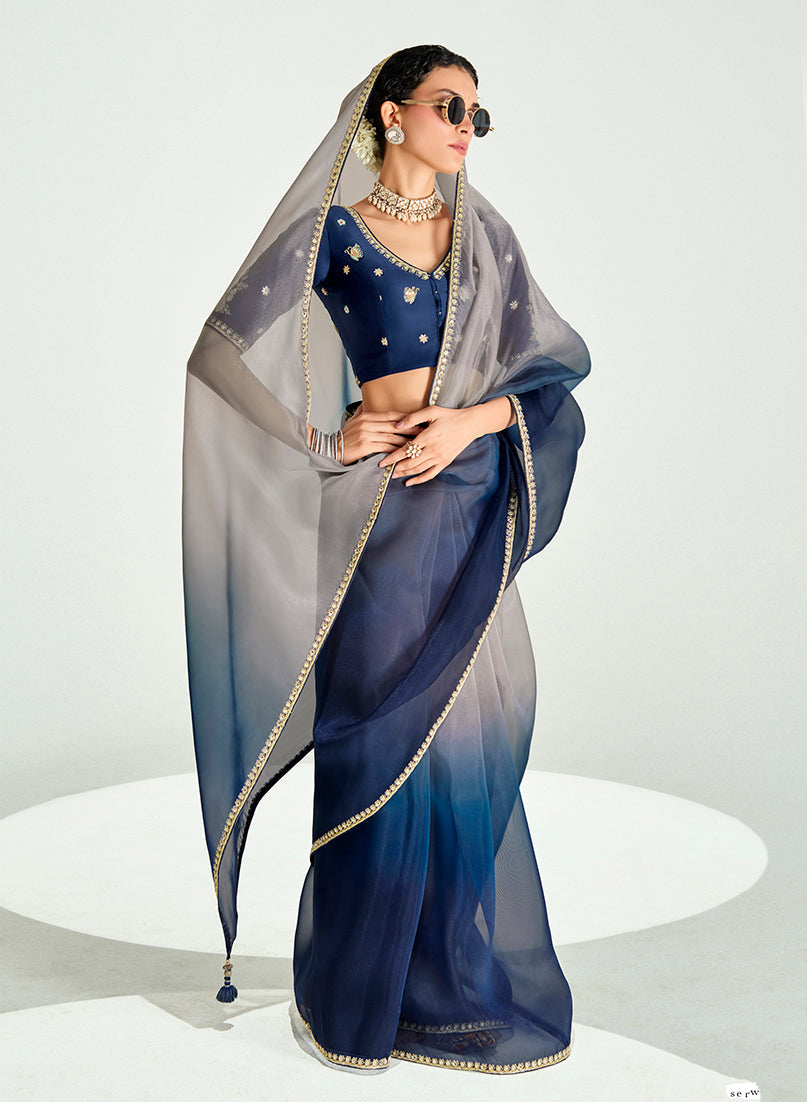 Monjolika Fashion Navy Blue And Beige Organza Tissue Sequins Embroidery Handwork Wedding Wear Saree