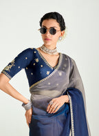 Monjolika Fashion Navy Blue And Beige Organza Tissue Sequins Embroidery Handwork Wedding Wear Saree