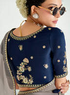 Monjolika Fashion Navy Blue And Beige Organza Tissue Sequins Embroidery Handwork Wedding Wear Saree