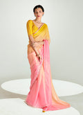 Monjolika Fashion Organza Tissue Pink And Yellow Sequins Embroidery Handwork Engagement Wear Saree