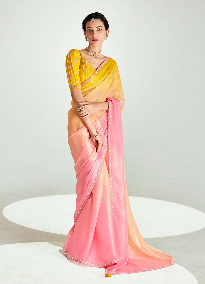 Monjolika Fashion Organza Tissue Pink And Yellow Sequins Embroidery Handwork Engagement Wear Saree