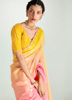 Monjolika Fashion Organza Tissue Pink And Yellow Sequins Embroidery Handwork Engagement Wear Saree
