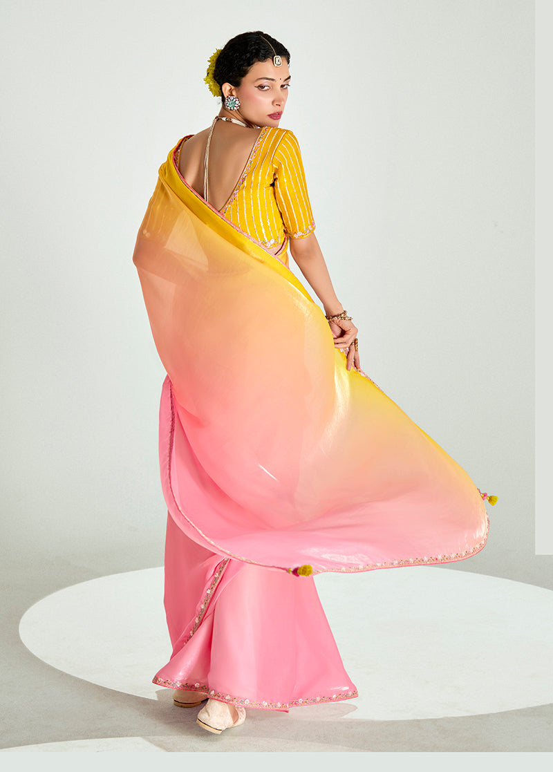 Monjolika Fashion Organza Tissue Pink And Yellow Sequins Embroidery Handwork Engagement Wear Saree