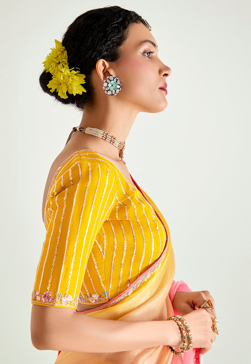 Monjolika Fashion Organza Tissue Pink And Yellow Sequins Embroidery Handwork Engagement Wear Saree