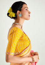 Monjolika Fashion Organza Tissue Pink And Yellow Sequins Embroidery Handwork Engagement Wear Saree