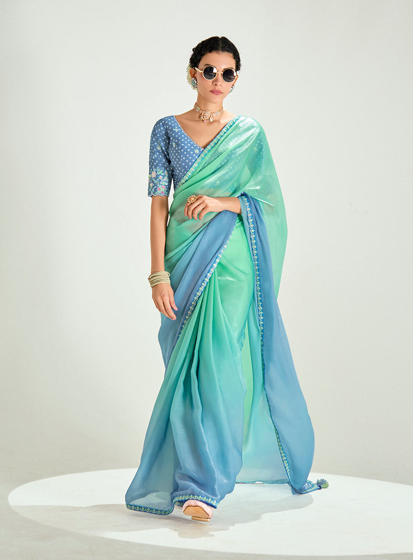 Monjolika Fashion Organza Tissue Sea Green And Light Blue Sequins Embroidery Handwork Engagement Wear Saree