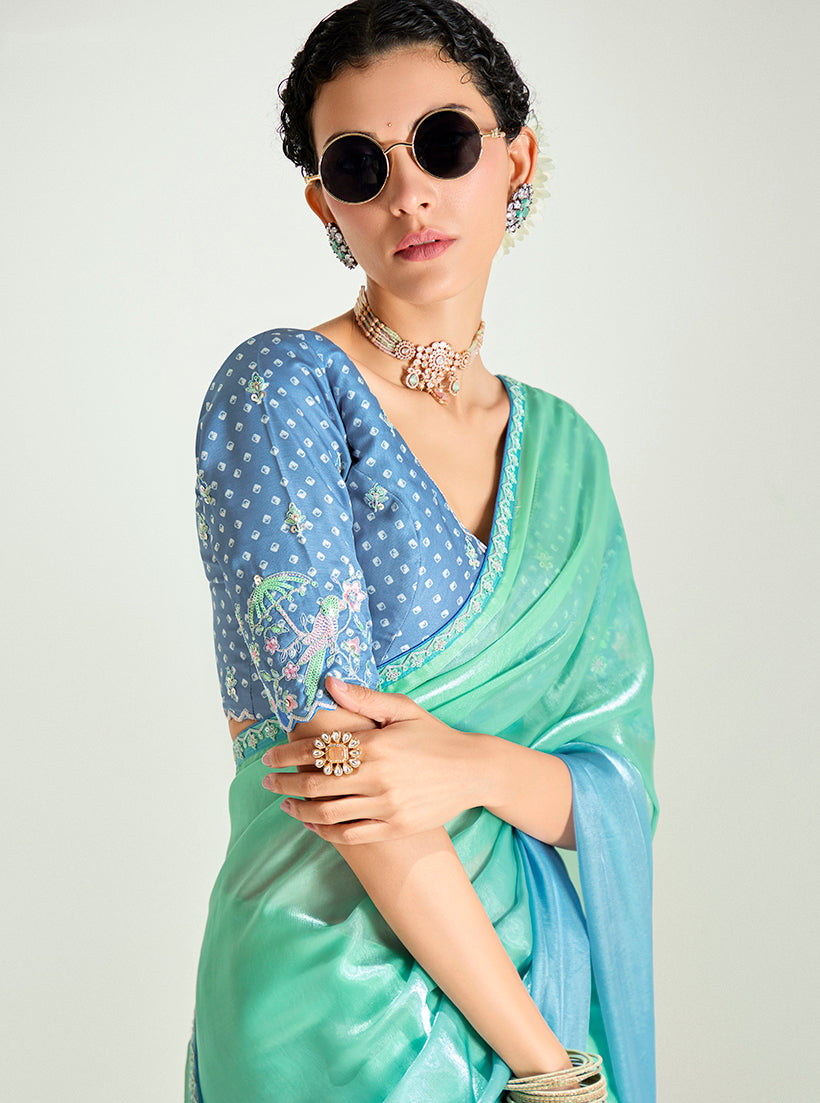 Monjolika Fashion Organza Tissue Sea Green And Light Blue Sequins Embroidery Handwork Engagement Wear Saree