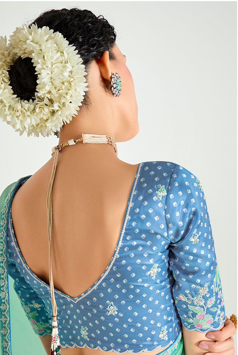 Monjolika Fashion Organza Tissue Sea Green And Light Blue Sequins Embroidery Handwork Engagement Wear Saree