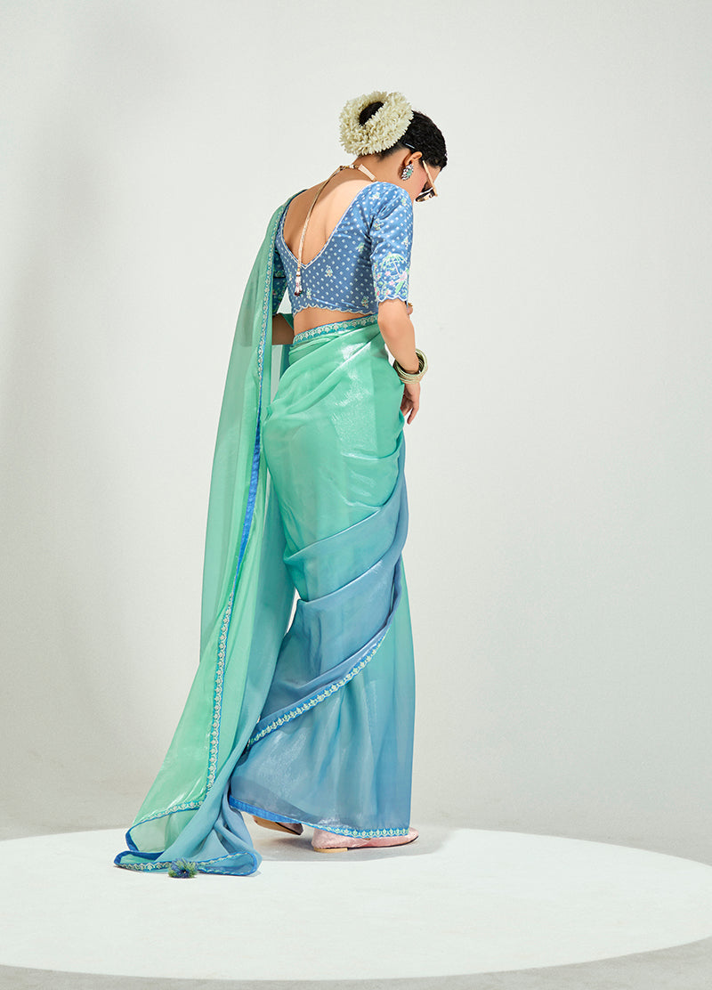 Monjolika Fashion Organza Tissue Sea Green And Light Blue Sequins Embroidery Handwork Engagement Wear Saree