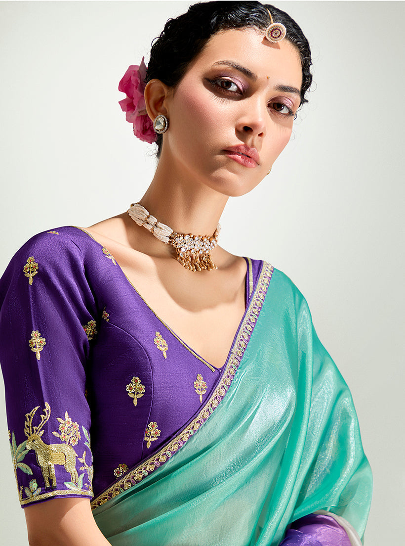 Monjolika Fashion Multi Colour Organza Tissue Sequins Embroidery Handwork Wedding Wear Saree