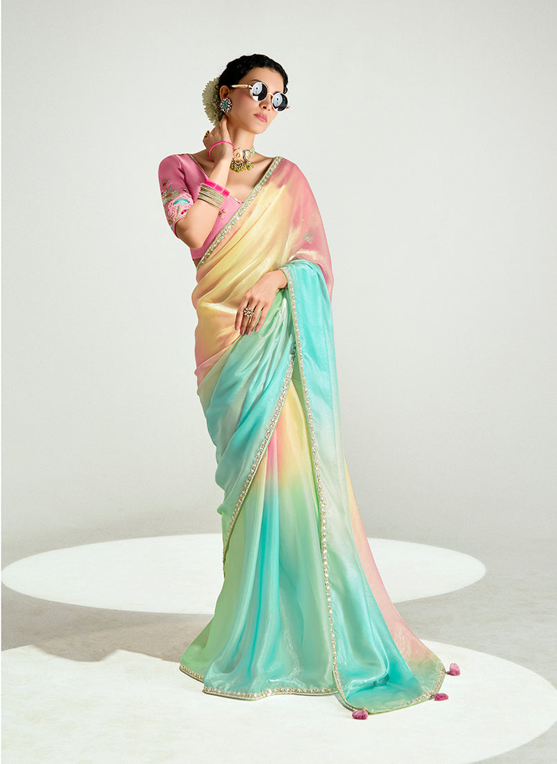 Monjolika Fashion Multi Colour Organza Tissue Sequins Embroidery Handwork Wedding Wear Saree