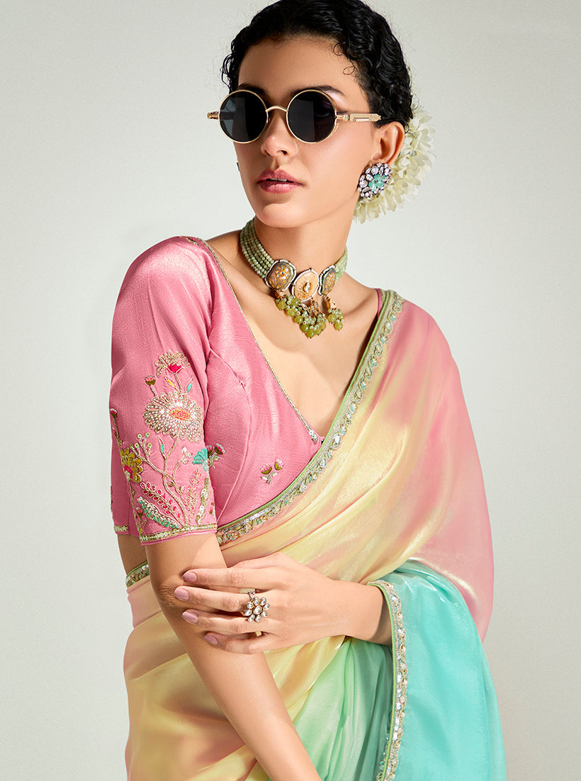 Monjolika Fashion Multi Colour Organza Tissue Sequins Embroidery Handwork Wedding Wear Saree