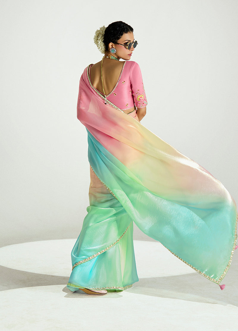 Monjolika Fashion Multi Colour Organza Tissue Sequins Embroidery Handwork Wedding Wear Saree