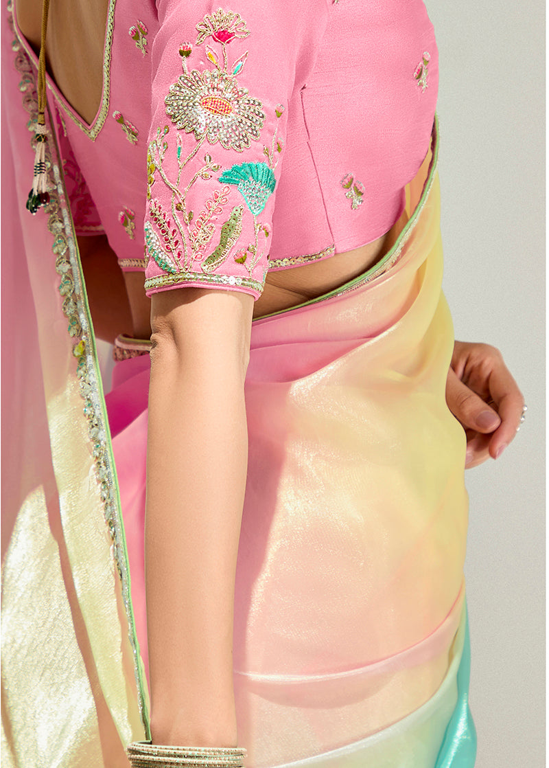 Monjolika Fashion Multi Colour Organza Tissue Sequins Embroidery Handwork Wedding Wear Saree