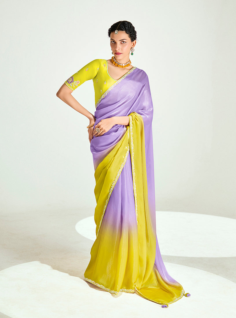 Monjolika Fashion Lavender And Yellow Organza Tissue Sequins Embroidery Handwork Wedding Wear Saree