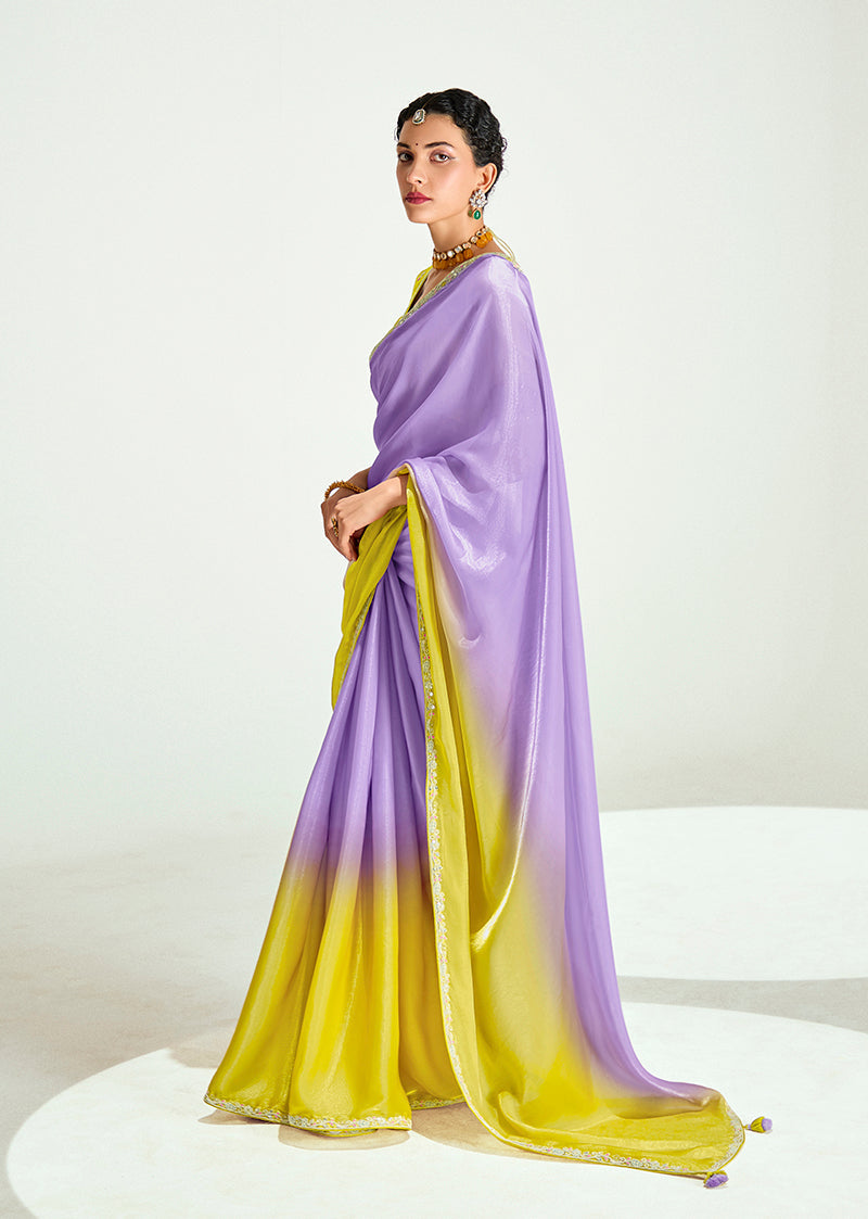 Monjolika Fashion Lavender And Yellow Organza Tissue Sequins Embroidery Handwork Wedding Wear Saree