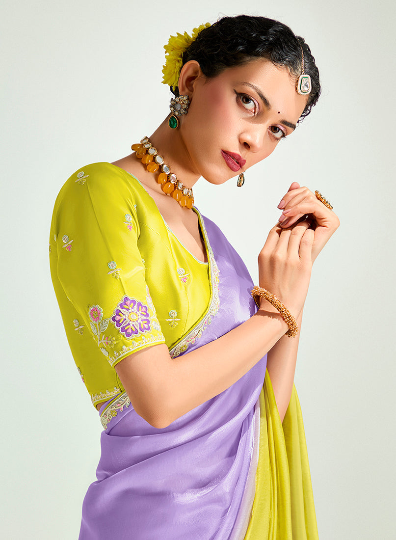 Monjolika Fashion Lavender And Yellow Organza Tissue Sequins Embroidery Handwork Wedding Wear Saree