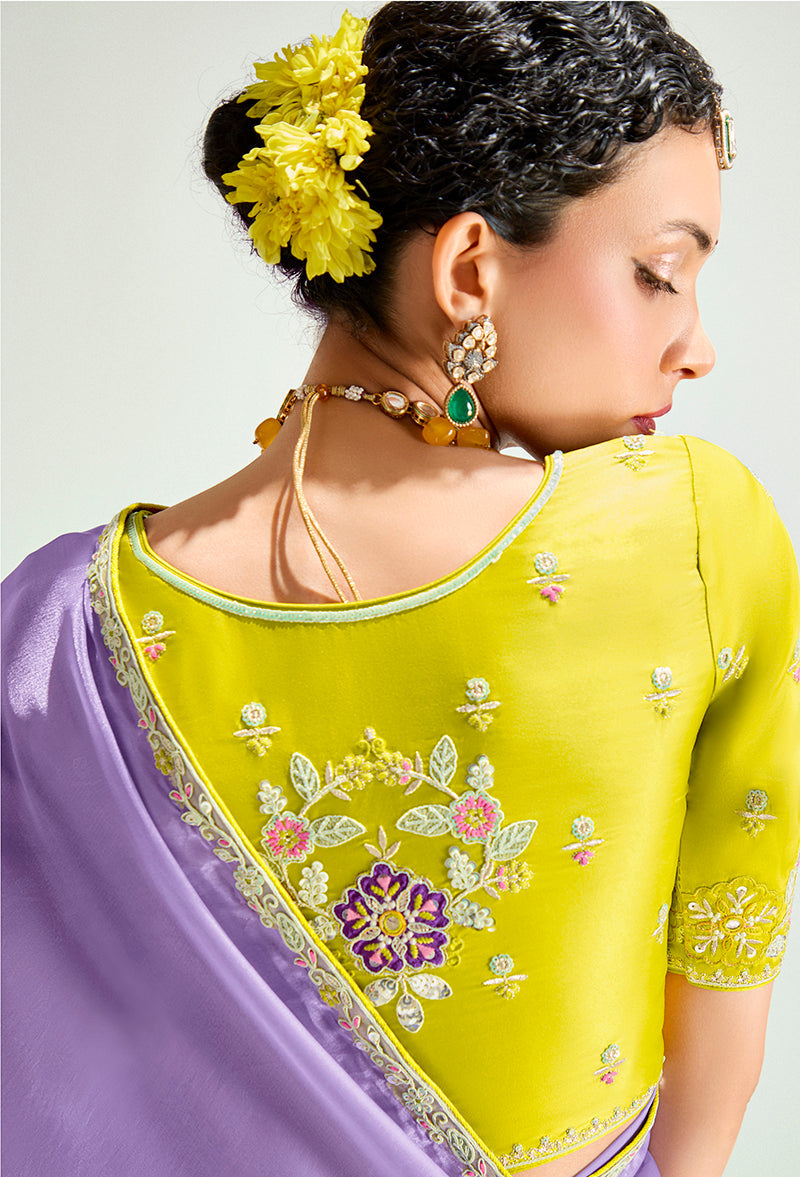 Monjolika Fashion Lavender And Yellow Organza Tissue Sequins Embroidery Handwork Wedding Wear Saree