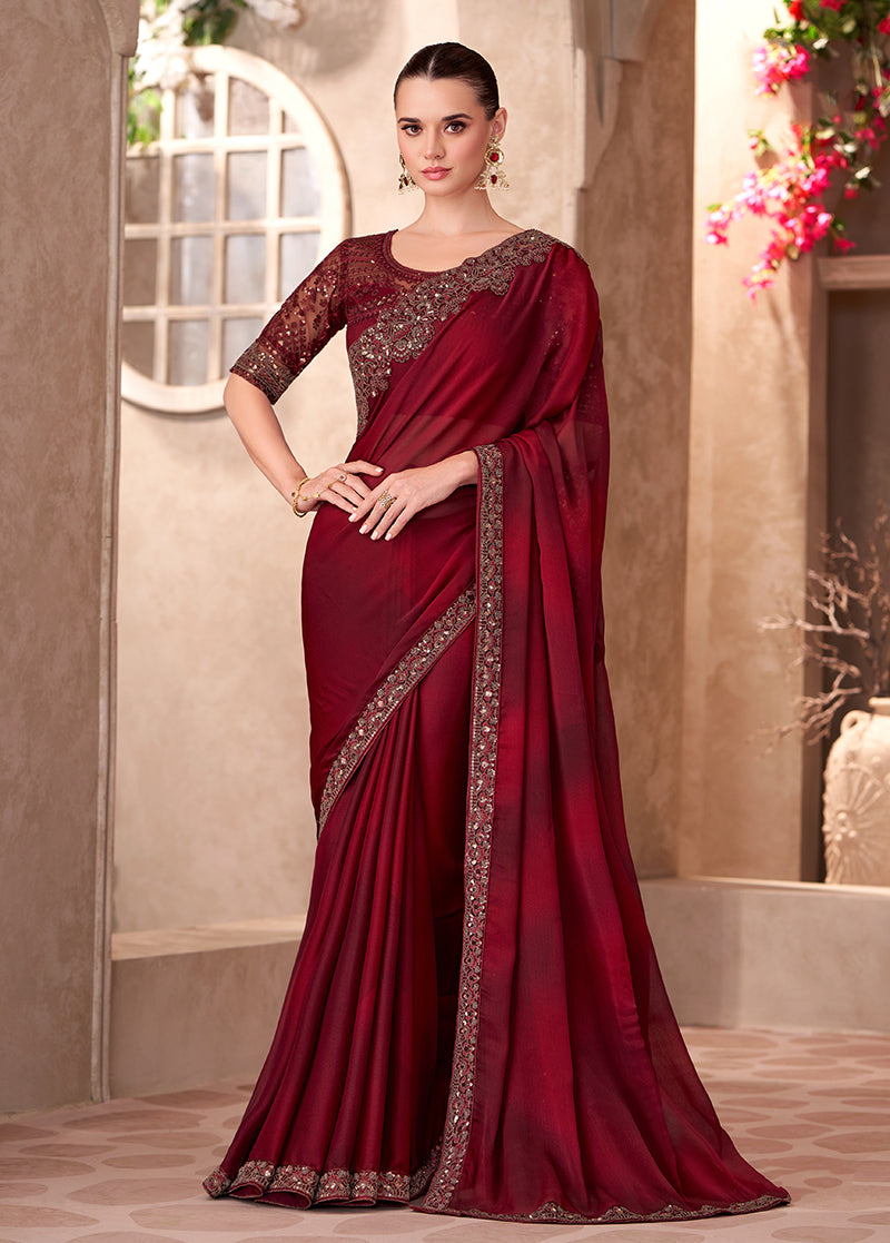 Monjolika Fashion Maroon Color Embroidery Work Chiffon Silk Party Wear Saree - Distacart