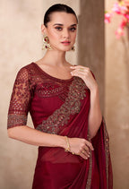 Monjolika Fashion Maroon Color Embroidery Work Chiffon Silk Party Wear Saree - Distacart
